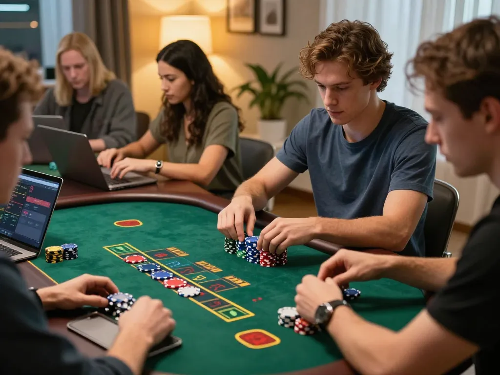 Players engaging in an exciting ee88 live dealer blackjack game at home, enhanced by warm lighting and dynamic gameplay.