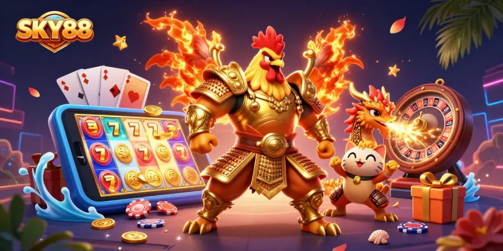 Engage with SKY88's thrilling casino experience through dynamic game elements and a warrior scene.