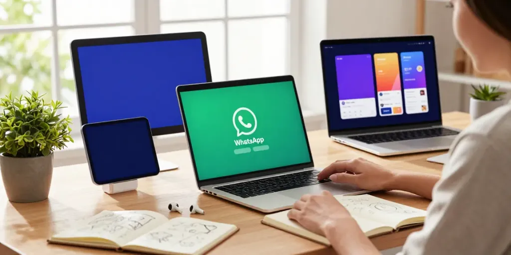 Person downloading Aero WhatsApp on a laptop surrounded by vibrant app themes and a creative workspace at https://gbapps.net/whatsapp-aero/.