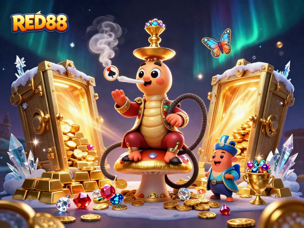 Engage with RED88's vibrant online casino scene featuring dynamic poker elements and treasure actions.