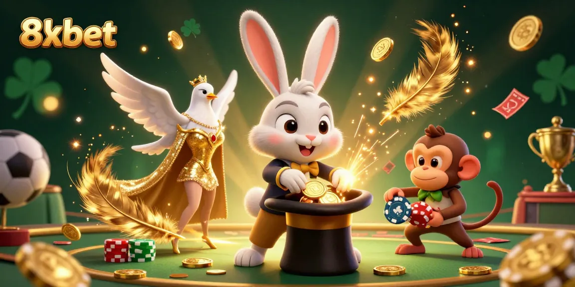 Bet on 8xbet with this vibrant 3D sports betting scene featuring a magician rabbit, dove, and monkey.