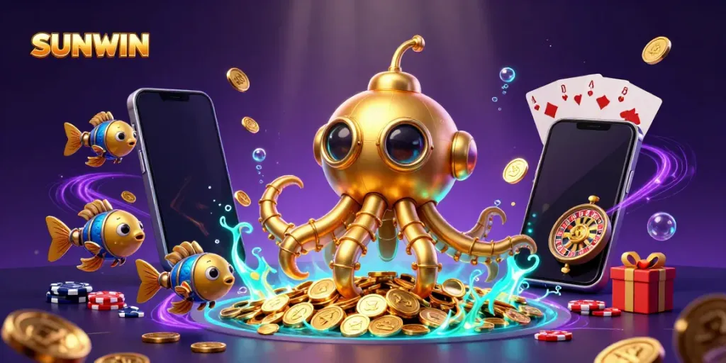 Experience excitement with SUNWIN as a golden kraken submarine explores a treasure-filled sea in this dynamic casino illustration.