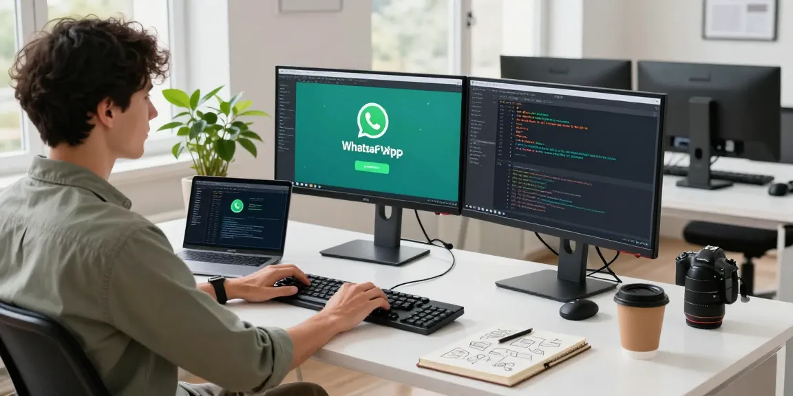 Developer using WhatsApp網頁版 on dual monitors in a modern workspace.