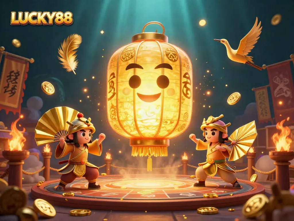 LUCKY88 slots scene with a glowing lantern spirit and paper fan warriors amidst a vibrant casino atmosphere.