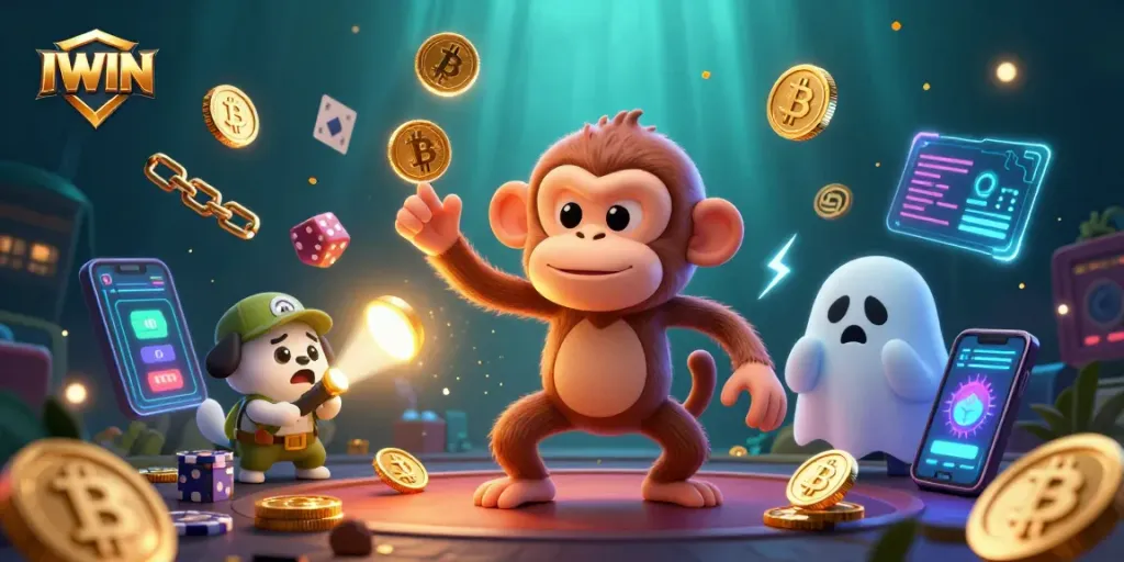 IWIN casino gameplay with a mischievous poltergeist monkey juggling coins and cards in a haunted setting.
