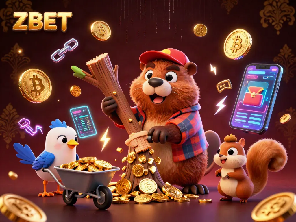 ZBET online casino illustration featuring a beaver and bird collecting golden coins with exciting action