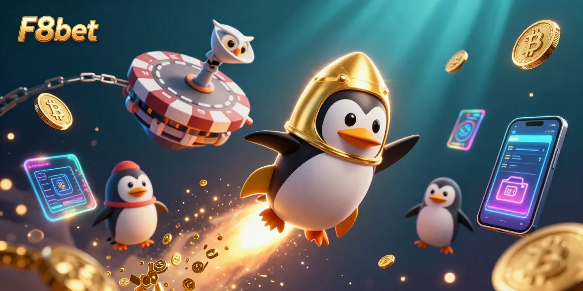 F8bet showcases a thrilling cosmic adventure with a golden penguin and crypto elements.