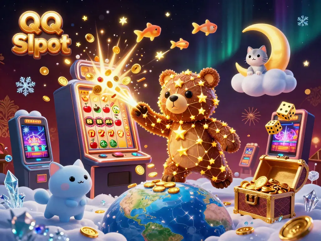 Experience the excitement of QQ Slot with vibrant characters and a dynamic casino scene filled with jackpots.