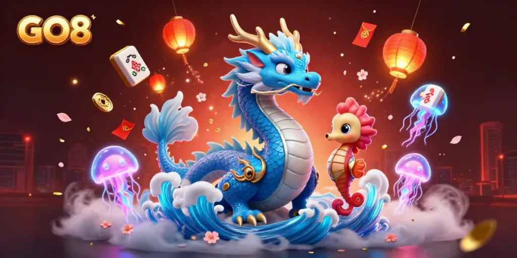 Witness the immersive GO8 scene featuring a captivating dragon, seahorse knight, and neon jellyfish amidst dynamic casino elements.