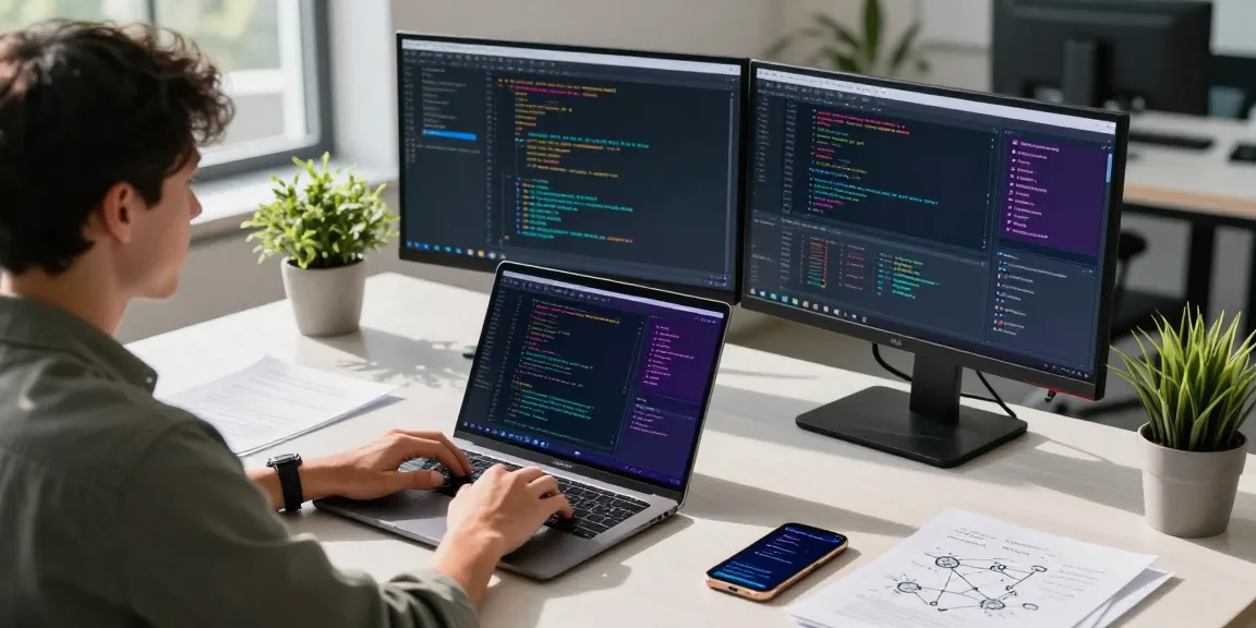快连 development workspace with a developer coding and vibrant visual elements, showcasing a productive tech environment.