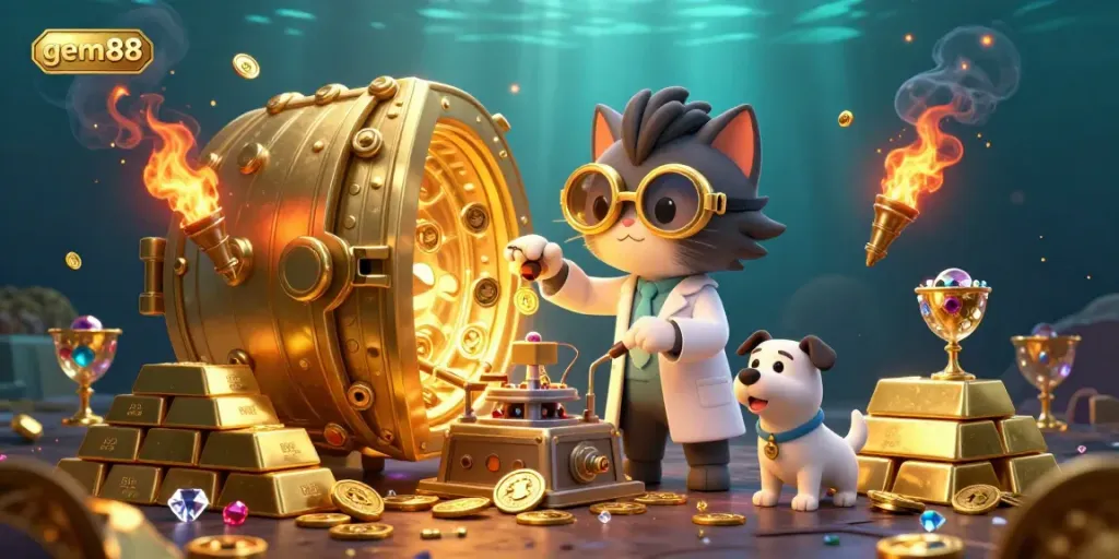 Experience the excitement of gem88 with a vibrant 3D casino scene filled with golden treasures and a mad scientist cat.