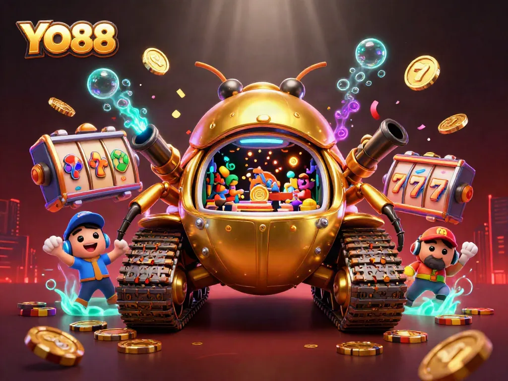Spin for wins at YO88 with a lively casino scene featuring vibrant slots and golden coins.