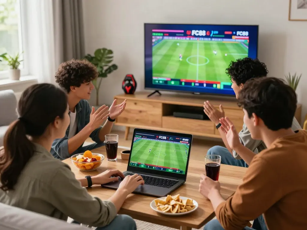 Exciting online betting experience at https://fc88v1.com/ with friends enjoying a live football match.