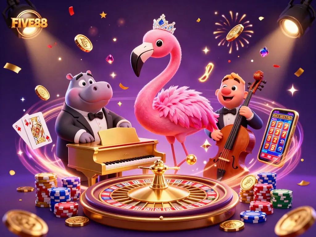 Experience the thrill of FIVE88 with vibrant casino characters and dynamic gaming elements.