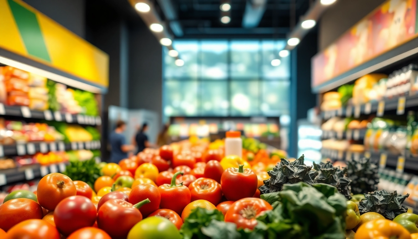 Showcase of grocery sales with fresh produce and organized aisles in a lively supermarket.