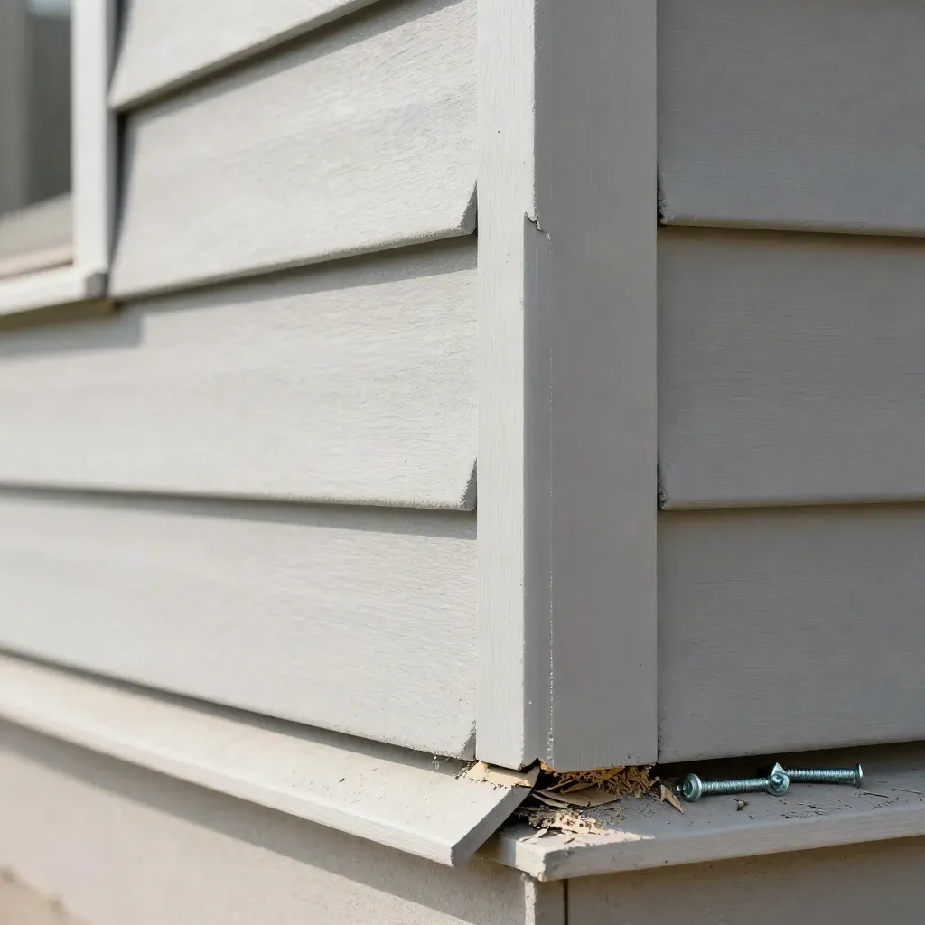 Repaired fiber-cement siding close-up with fresh seam, trim, and stacked offcuts.