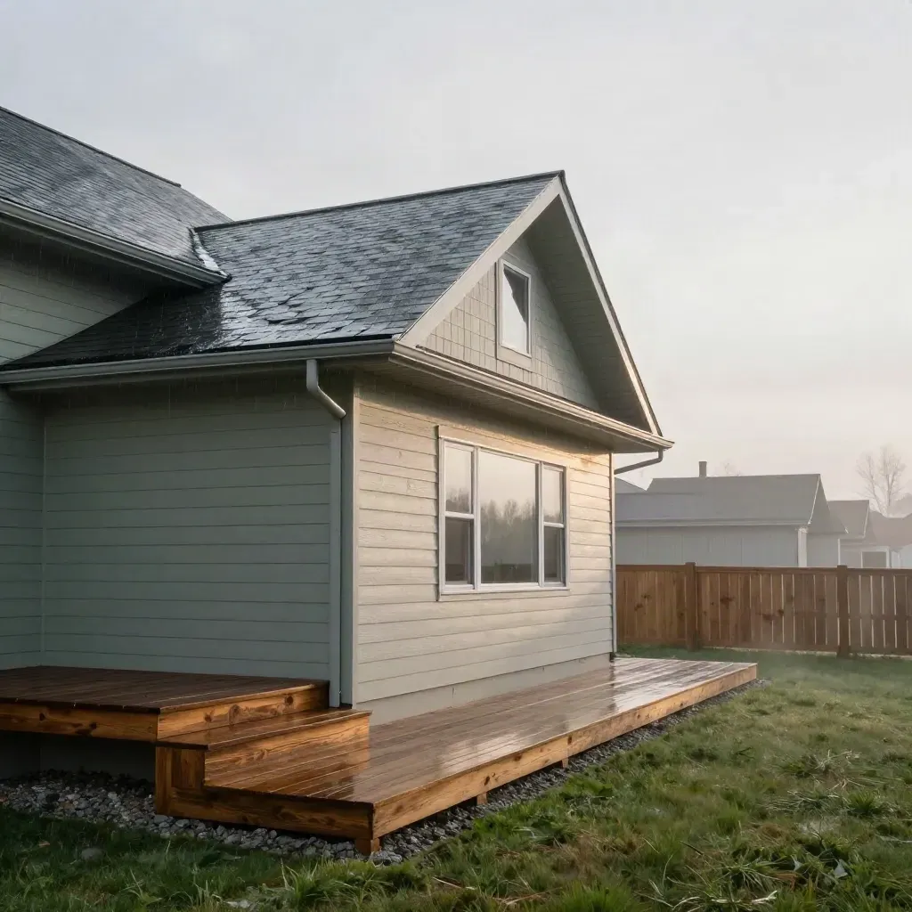 Wet renovated rear elevation with cedar steps, new gutter, and fence at sunrise.