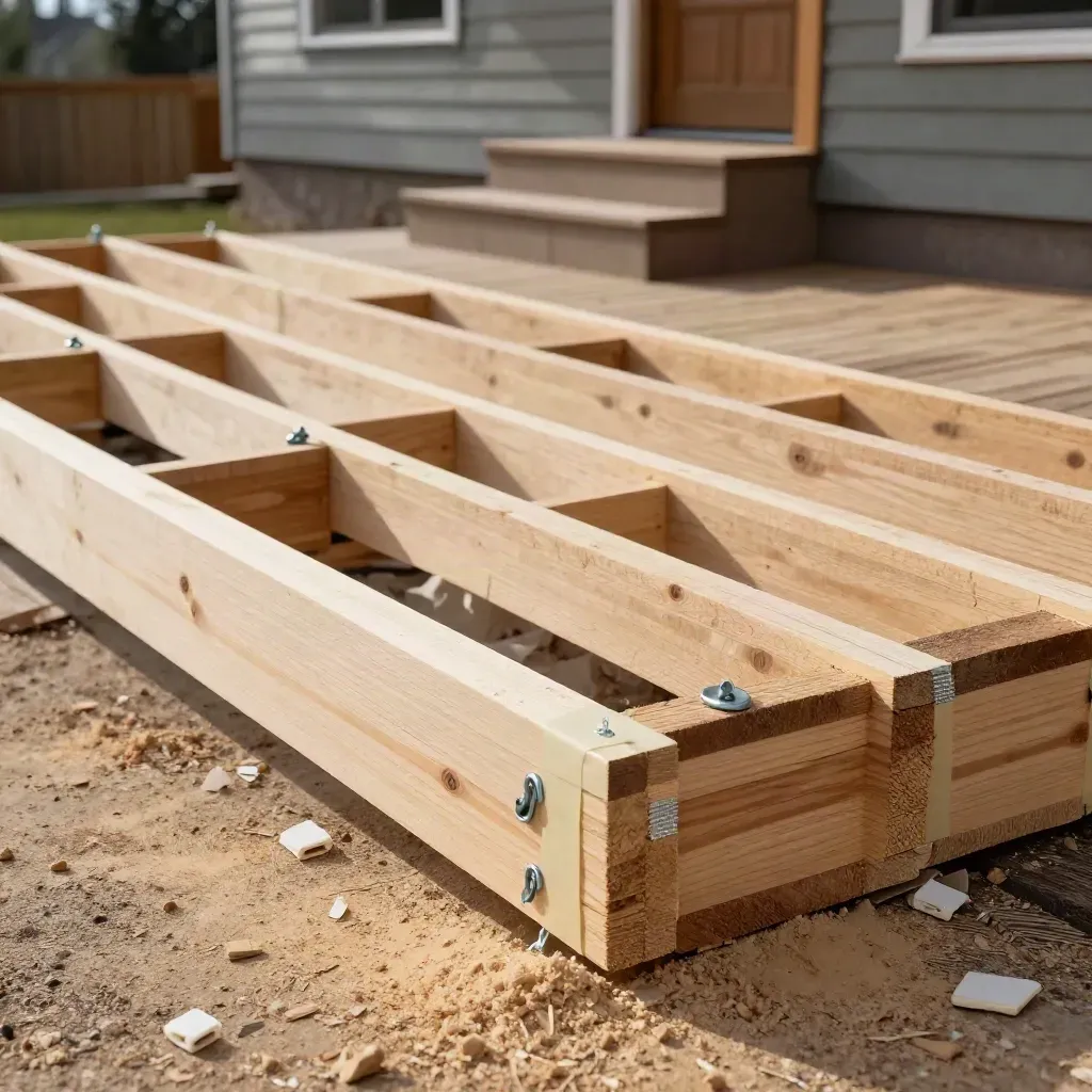 Partially built cedar deck frame with joists, tape, and stacked boards beside back steps.