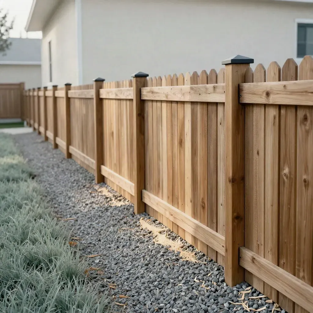 Low side view of a straight cedar fence with gravel trench and hazy summer light