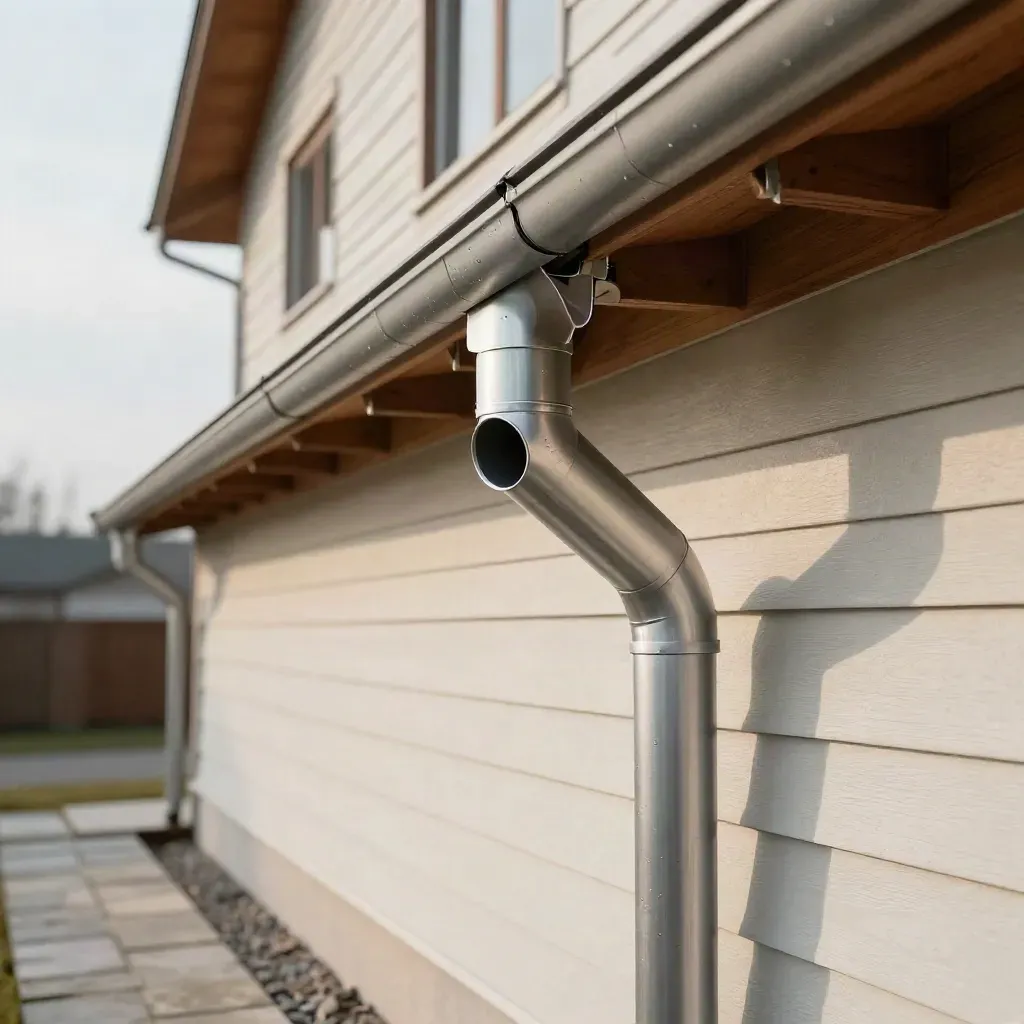 Seamless aluminum gutter and downspout on a two-storey wall with cedar trim and bright sky.
