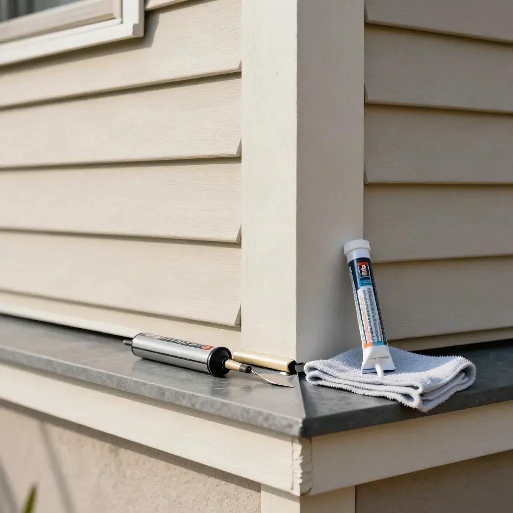 Fresh caulked soffit corner with repair tools beside a house wall in soft morning light