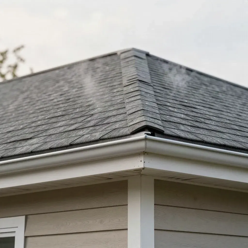 Repaired roof eave with sealed shingle patch and steam lifting after rain.