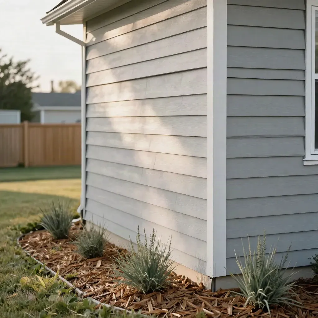 Repaired rental exterior with matching siding patch and tidy mulch bed in warm daylight.