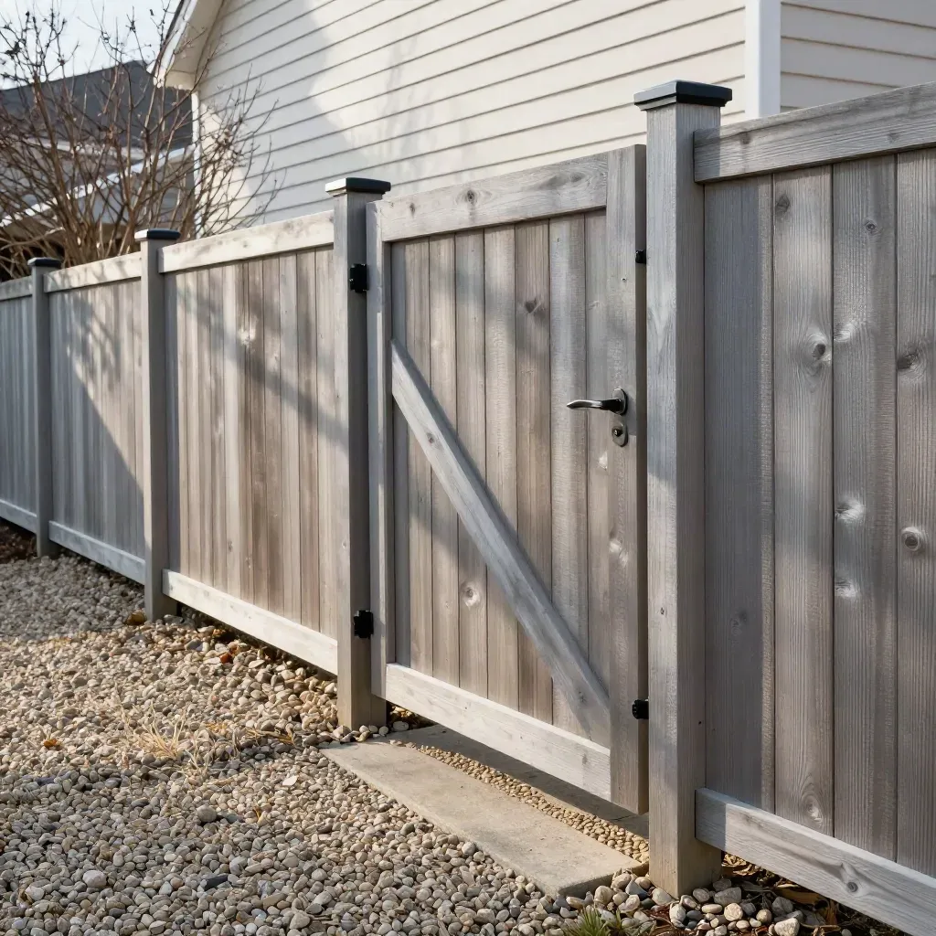 Rebuilt cedar fence line with closed gate and raked gravel in moody afternoon light.