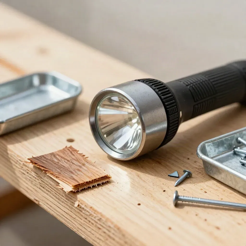 Macro of roofing flashlight, cedar shingle chip, and nail tray on a plywood bench.