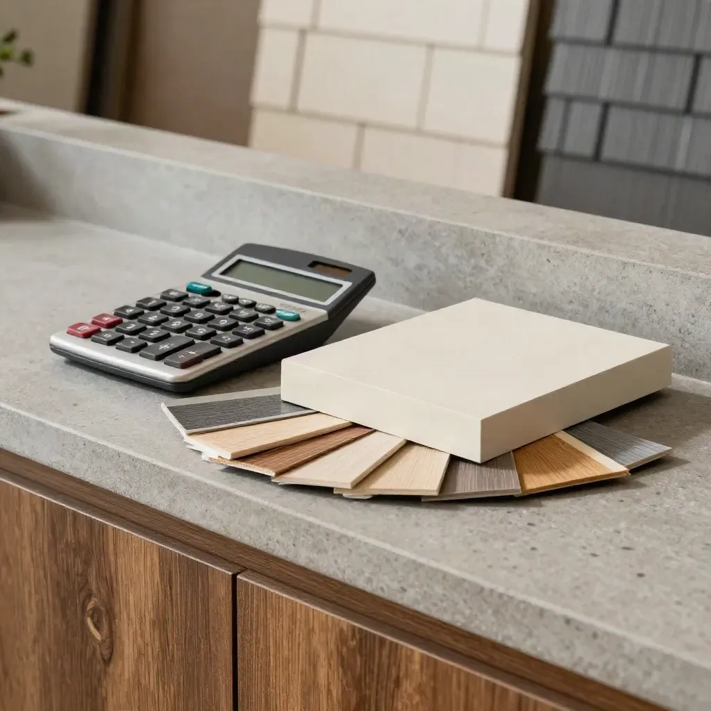Material chips, calculator, and sample block on stone counter in dramatic estimating light.