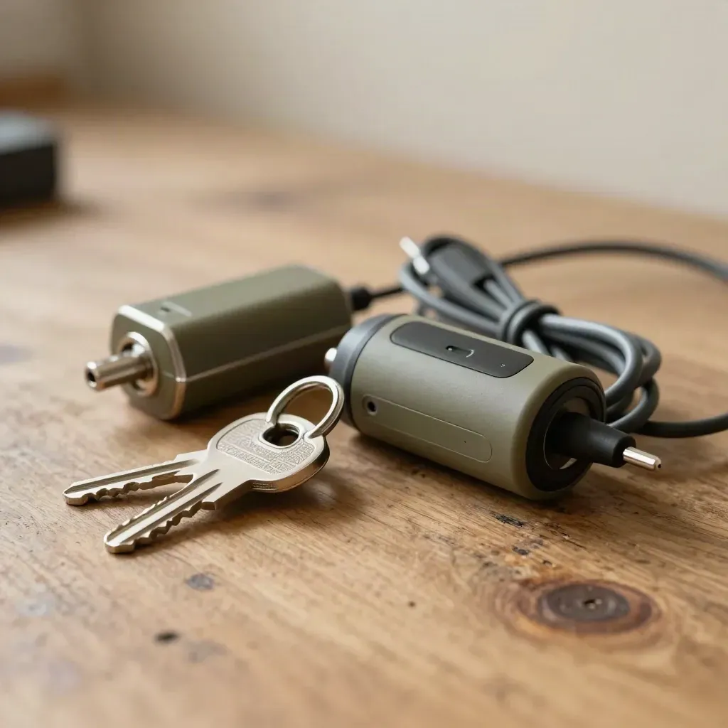 Keyring, cordless battery and charging cable on a worn workbench in a soft workshop close-up.