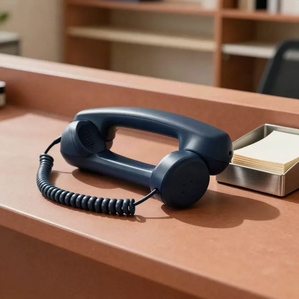 Desk phone handset, headset stand and inbox tray on a warm front-desk counter in soft daylight.
