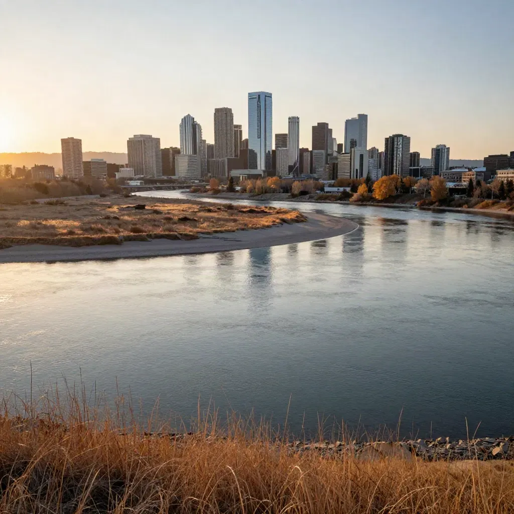 Calgary skyline above the Bow River bend and foothills in warm golden haze