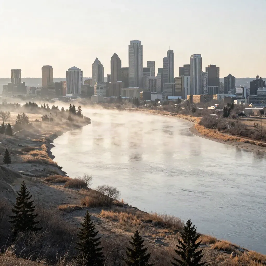 Edmonton skyline above misty river valley and treed banks in warm late-day light