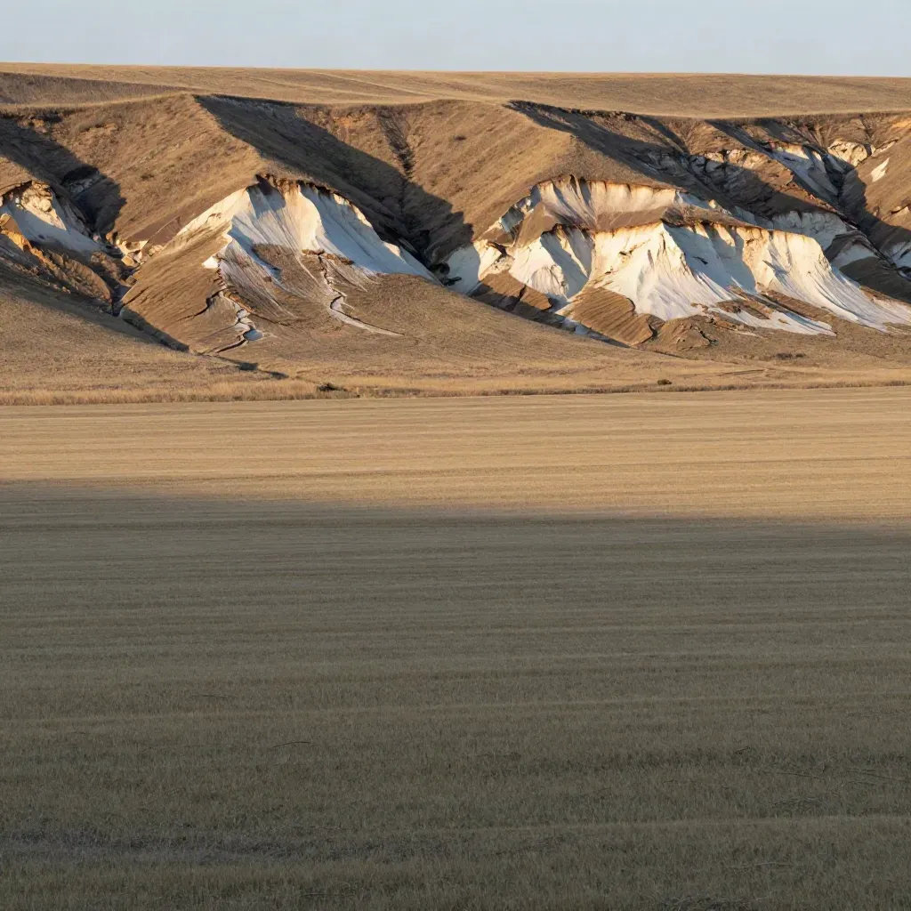 Sunlit Southern Alberta coulees and a cutbank ridge above calm prairie haze