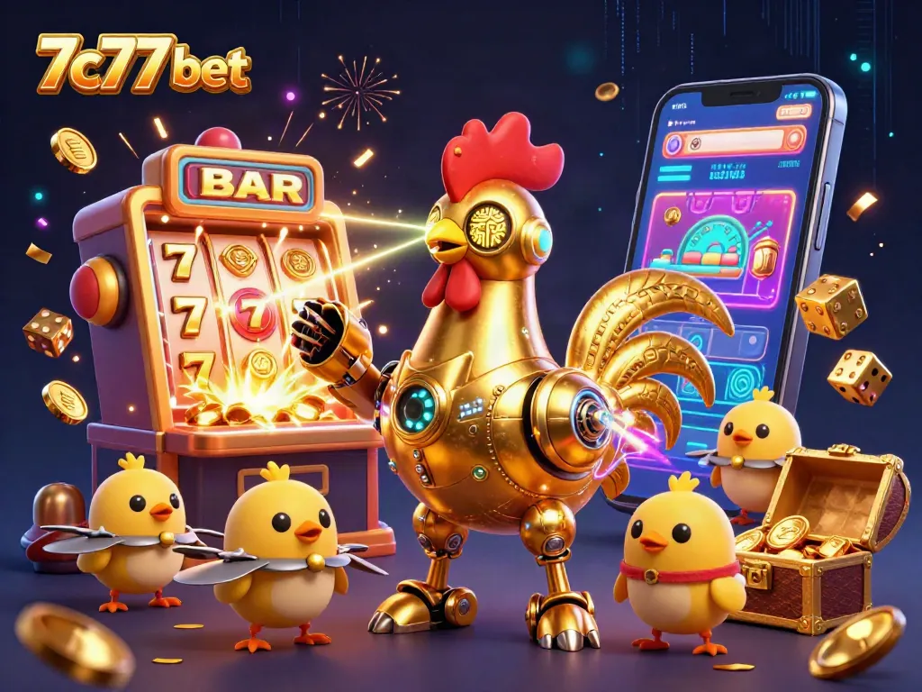 Engage in thrilling gaming action with 7c77 bet as a golden rooster robot leads a vibrant casino adventure.