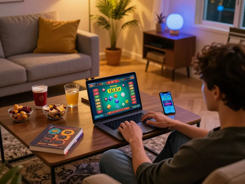 Tài xỉu online gaming experience in a cozy living room with interactive betting system.