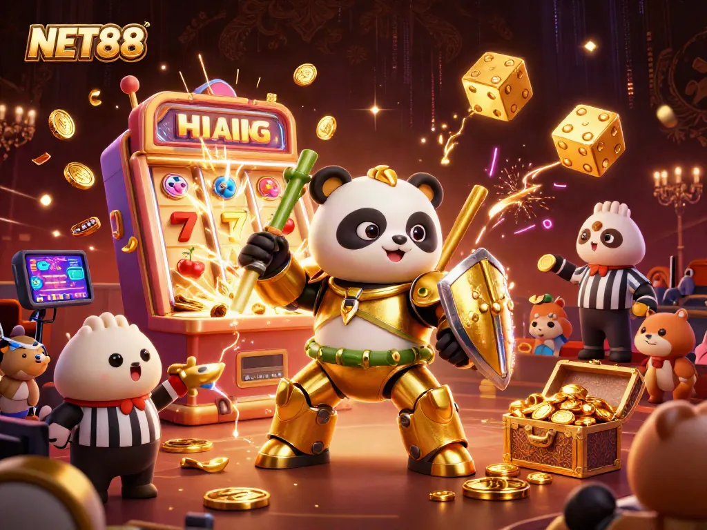 Engage with NET88 in a vibrant casino scene featuring animated characters and colorful jackpot elements.