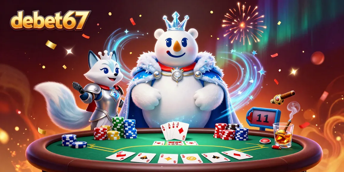 Experience thrilling poker action with debet67, featuring playful 3D characters in a lively casino scene.