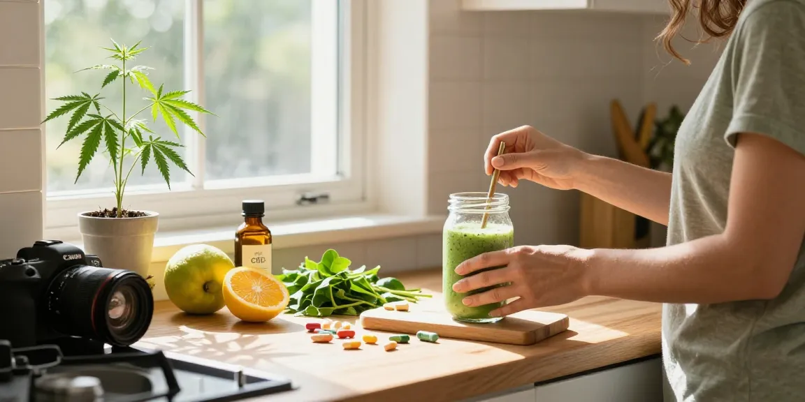 Nasiona Ministry of Cannabis CBD oil and fresh hemp leaves in a bright kitchen wellness scene, promoting natural health benefits.