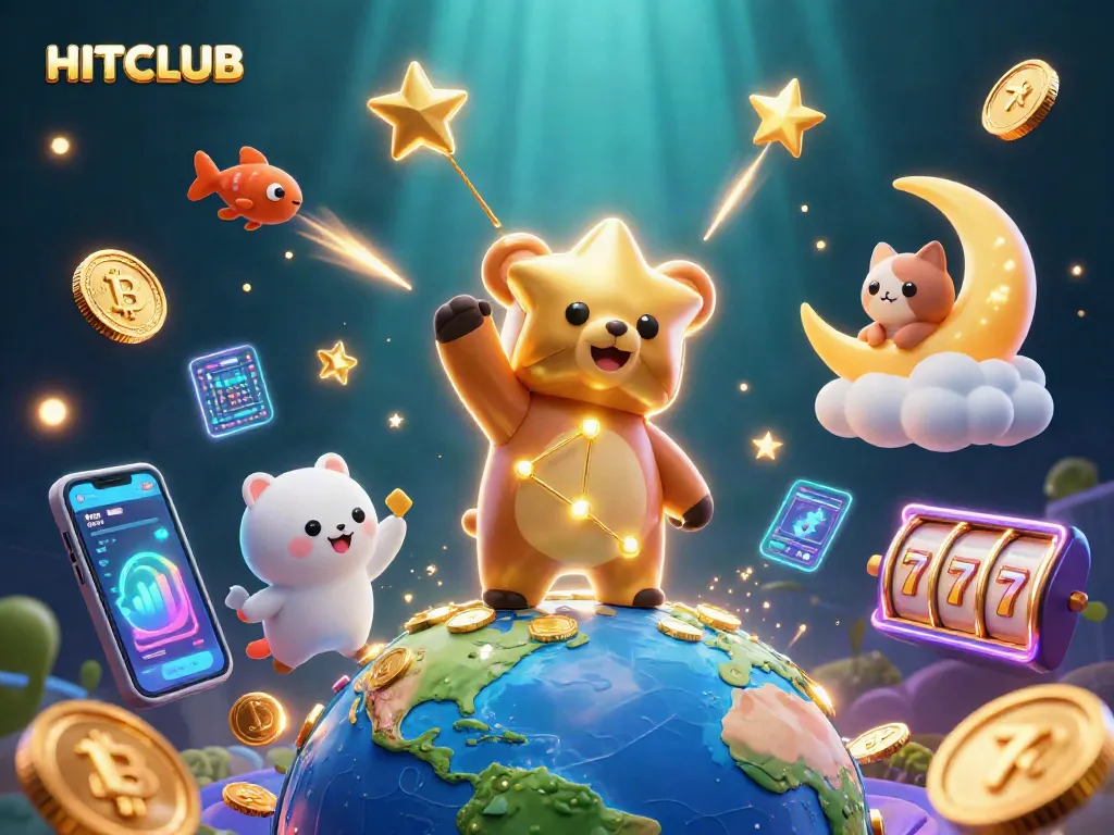 Experience HITCLUB by spinning slots and shining coins with a constellation bear illustration.