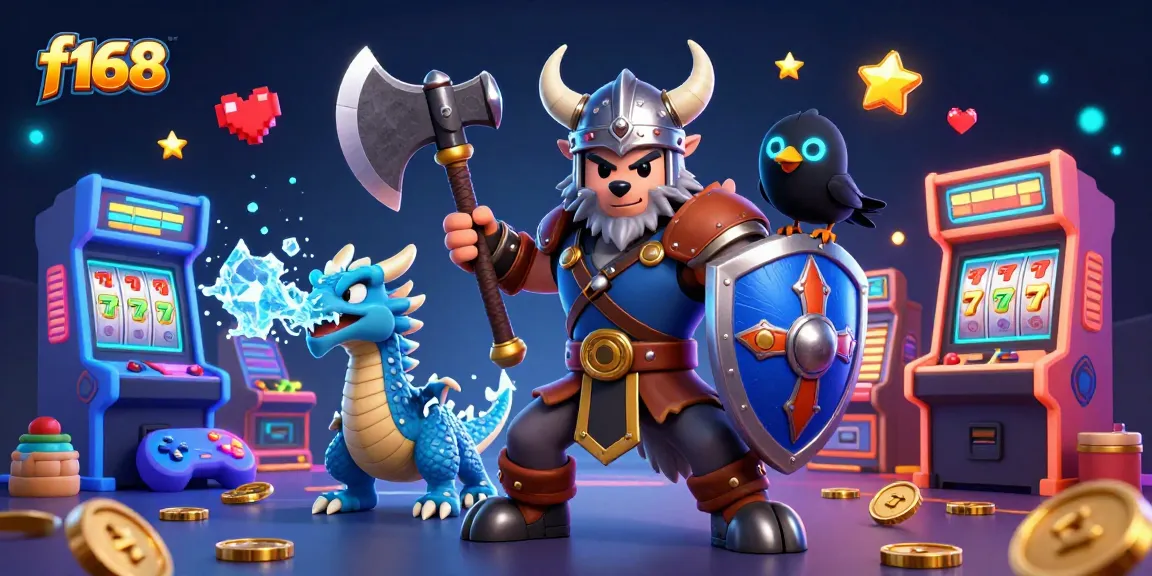 Experience thrilling gameplay at F168 with a vibrant 3D illustration highlighting slots, arcade elements, and lucky symbols.
