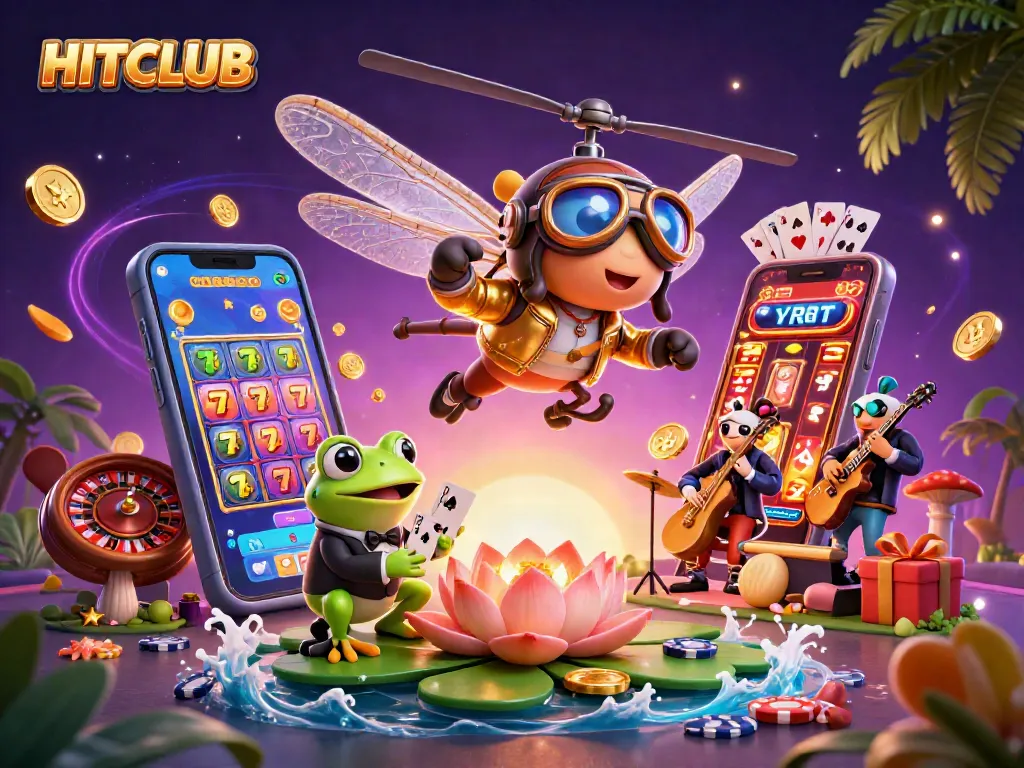 Experience HITCLUB's vibrant casino scene with a thrilling dragonfly pilot and frog croupier.