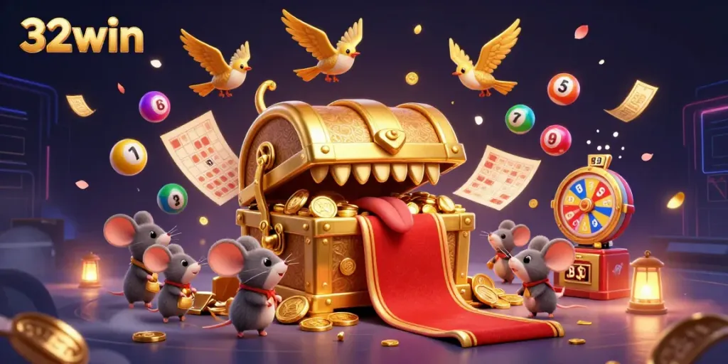 Engage with thrilling opportunities at 32win, showcasing vibrant lottery balls, spinning prize wheel, and a playful treasure chest.