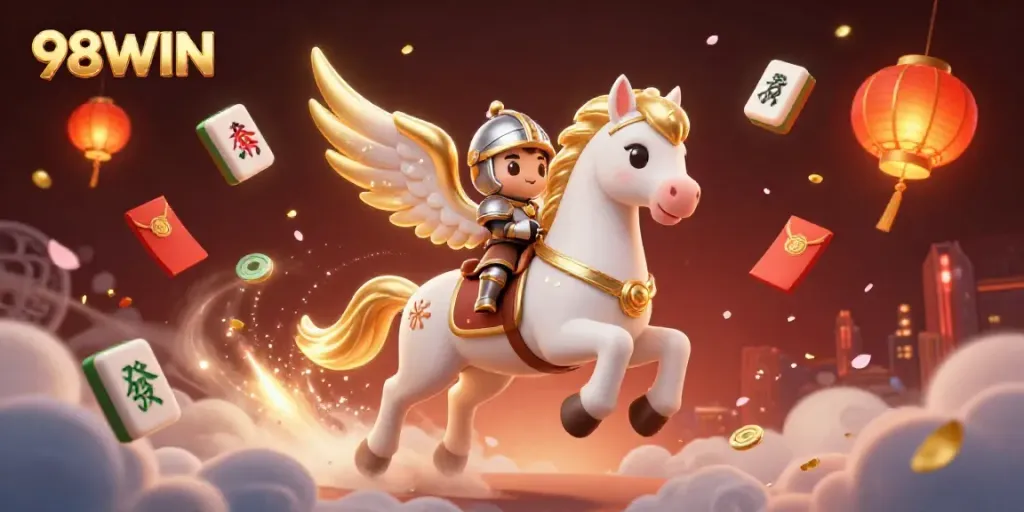 Experience 98WIN with a dynamic illustration of a knight and celestial horse amidst captivating casino elements.