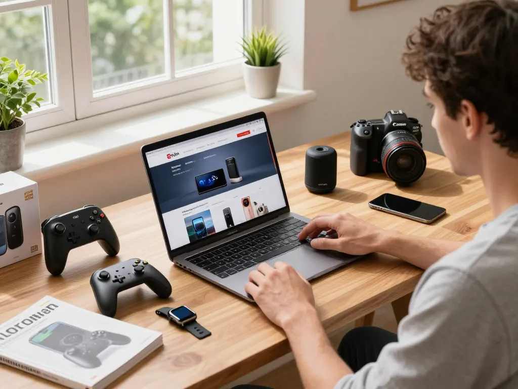 Explore affordable tech gadgets in a vibrant home workspace with various devices and natural light.