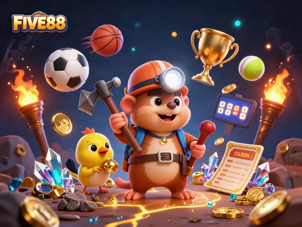 Join the FIVE88 adventure by winning sports bets with thrilling illustrations of treasure and excitement.