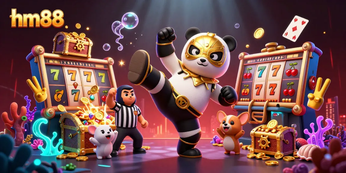 Engage with the dynamic hm88 casino experience featuring a wrestler panda amidst golden slot reels.