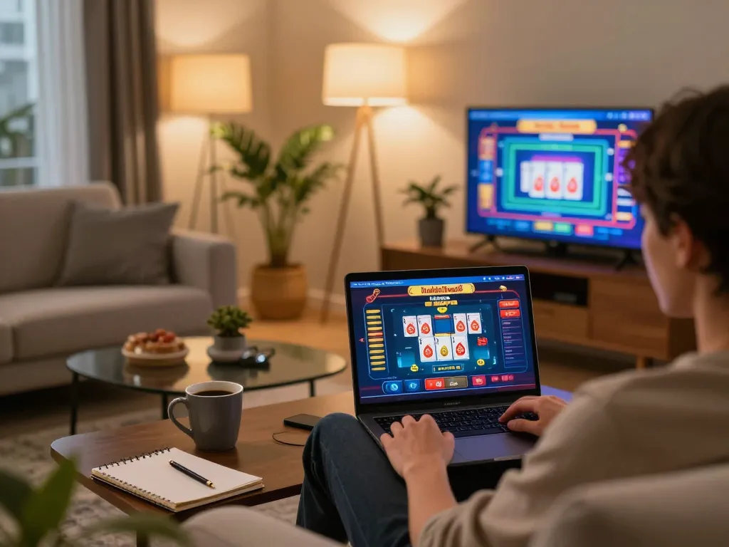 Engaging online gaming scene featuring gamebaidoithuong8 with a cozy living room setup, showcasing a person focused on laptop.
