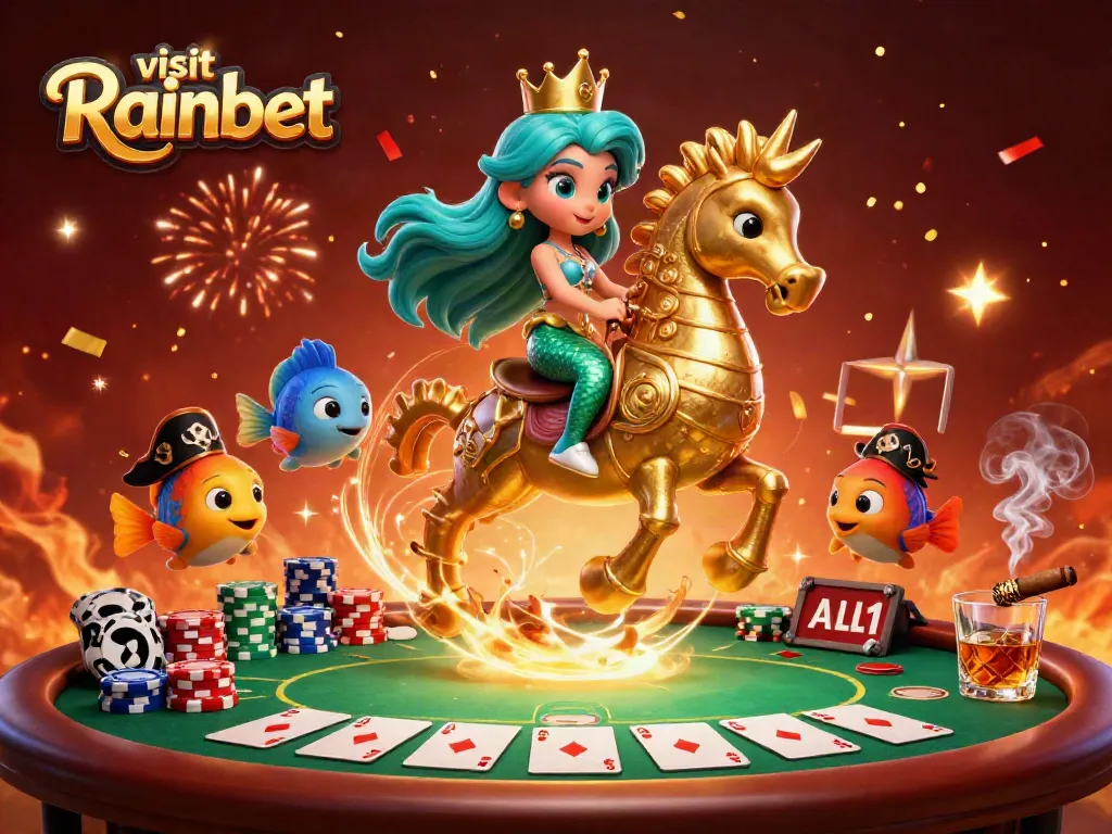 Visit Rainbet and enjoy a vibrant underwater casino adventure featuring a mermaid and poker elements.